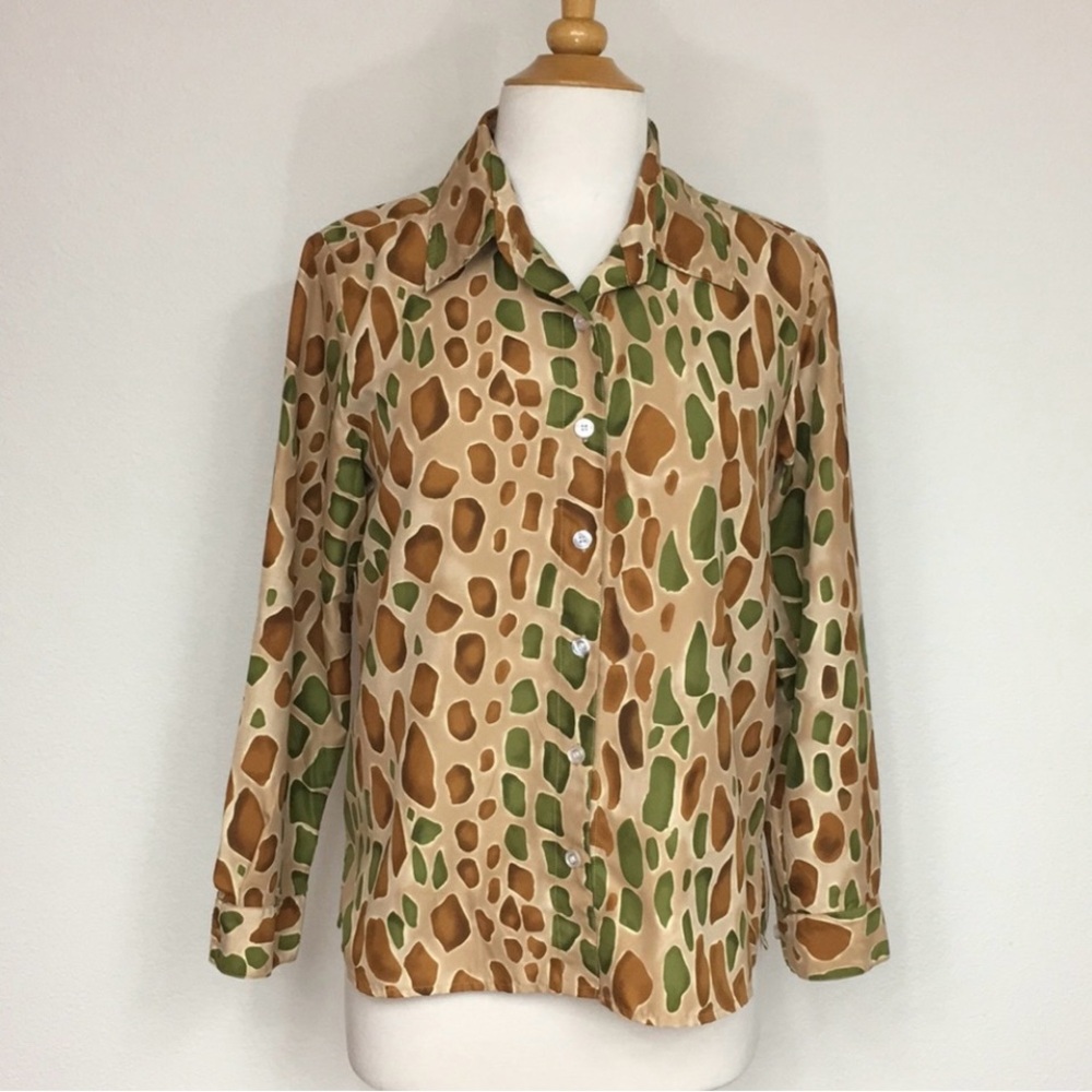 Vintage Women's National Green Tan Giraffe Print Button Blouse Size 8P Classic